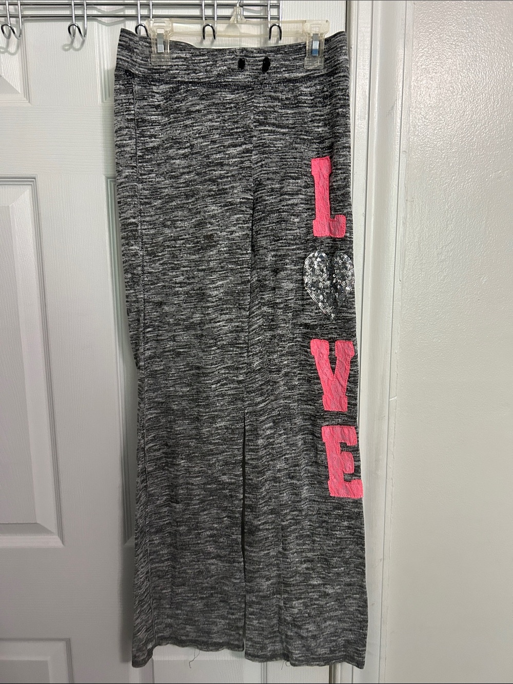 No Boundaries Gray Track Pants with Pink LOVE and Sequin Heart